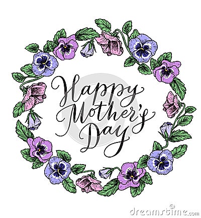 Happy mothers day card with text and frame of vintage botanical Vector Illustration