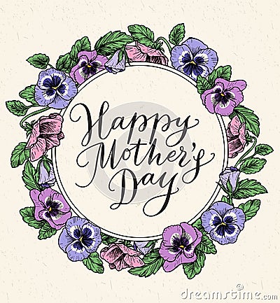 Happy mothers day card with text and frame of vintage botanical Vector Illustration