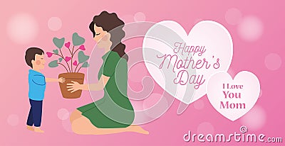 Happy mothers day character with son and house plant Vector Illustration