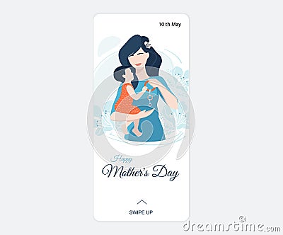 Happy Mothers Day colorful vector story template with cheerful mother giving a rattle to her small daughter Vector Illustration