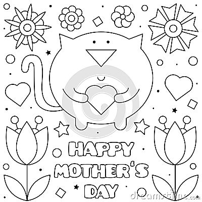 Happy Mothers Day. Coloring page. Vector illustration of cat. Vector Illustration