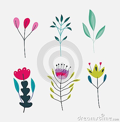 Happy mothers day, flowers branches leaves foliage nature icons Vector Illustration