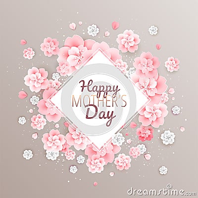 Happy Mothers Day golden background with beautiful pink flowers Vector Illustration