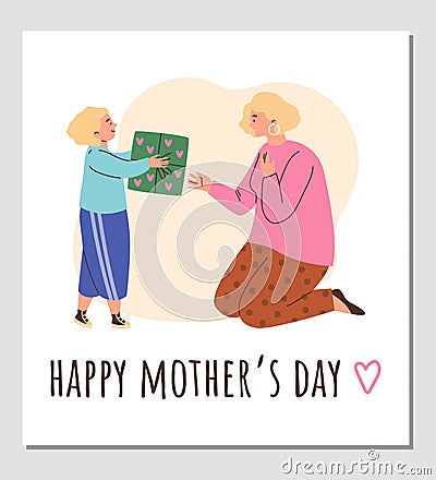 Happy mothers day greeting card, child giving gift box to his mother, flat vector illustration. Vector Illustration