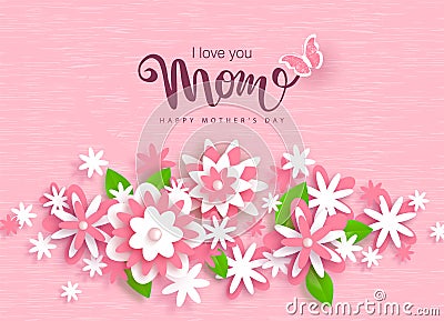 Happy Mothers Day greeting card design with beautiful paper flowers. Design layout for invitation, greeting card, ad Vector Illustration