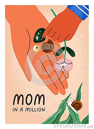 Happy Mothers day, greeting card design. Mom and kids hands with cute gifts on women palm. Child presenting delicate Vector Illustration