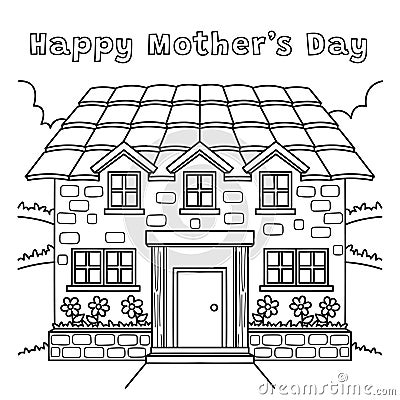 Happy Mothers Day House Coloring Page for Kids Vector Illustration