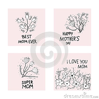 Happy Mothers Day lettering with wild flowers. Vector Illustration