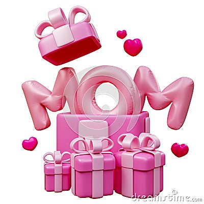 Happy mothers day with Love Mom balloon words and decoration, gift box, heart shape. Festive holiday celebration concept of love Stock Photo