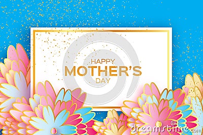 Happy Mothers Day. Origami Gold Floral Greeting card. Paper cut flower . Rectangle frame. Vector Illustration