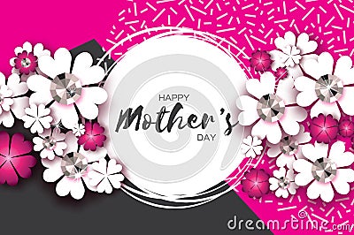Happy Mothers Day. Paper cut Floral Greeting card . Brilliant stones. Circle frame. Vector Illustration