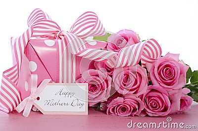 Happy Mothers Day pink polka dot gift. Stock Photo