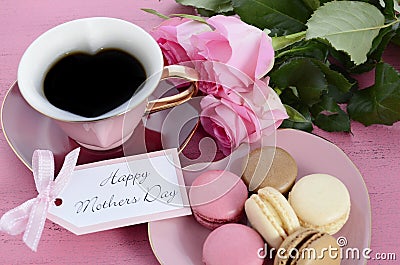 Happy Mothers Day Pink Roses and Heart Shape Tea Cup. Stock Photo