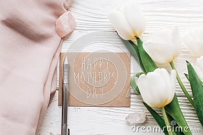 Happy mothers day text sign on stylish greeting card template wi Stock Photo