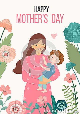 Happy Mothers Day. Vector illustration with woman and her child. Beautiful template. Can be used for banner, poster, card, postcar Cartoon Illustration