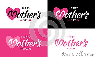 Happy Mothers Day Vector Lettering Set with heart shape and flower. Vector Illustration