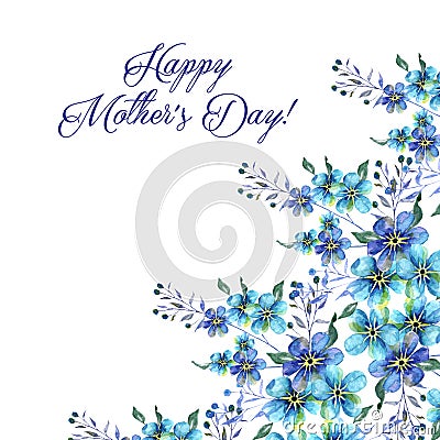 Happy mothers day, Watercolor llustration with Flowers forget-me-nots and text on a white background Stock Photo