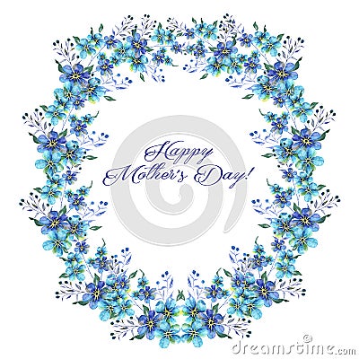 Happy mothers day, Watercolor llustration with wreath of Flowers forget-me-nots and text on a white background Stock Photo