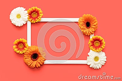 Happy Mothers Day, Womens Day, Valentines Day or Birthday Living Coral Pantone Color Background. Coral flat lay greeting card. Stock Photo