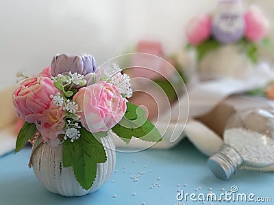 Bouquets of peonies on blurred background Stock Photo