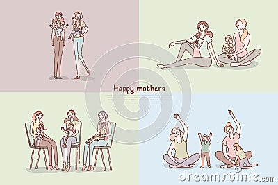 Happy mothers, young mom with newborn, parents with children exercising, babysitting banner template Vector Illustration