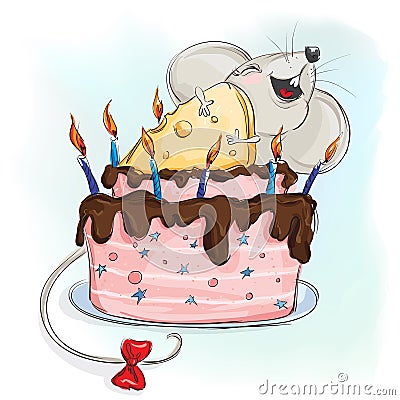 Happy mouse with a cake Vector Illustration