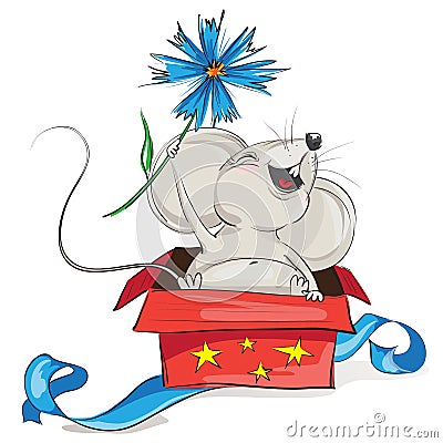 Happy mouse in a red gift box Vector Illustration