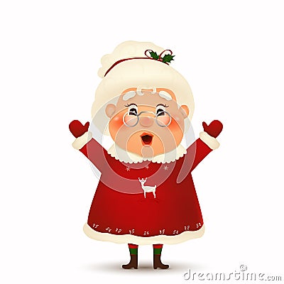 Happy Mrs. Claus cartoon character isolated. Christmas Cute, Cheerful, funny wife Mrs Claus waving hands and greeting Vector Illustration