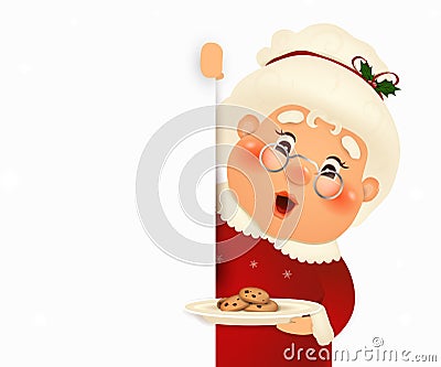 Happy Mrs. Claus cartoon character isolated on white background. Christmas Cute wife Mrs Claus waving hands and greeting Vector Illustration