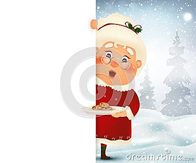 Happy Mrs. Claus cartoon character standing behind a blank sign with cookies, showing on big blank sign with falling Vector Illustration