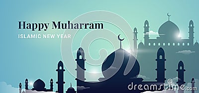 Happy Muharram Islamic New Hijri year background design. Great mosque above the cloud with holy light effect. Muslim community Vector Illustration