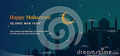 Happy muharram islamic new hijri year background. Holy great mosque silhouette with crescent moon at night scene vector Vector Illustration