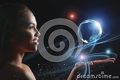 Happy mulatto girl with future touchscreen interface Stock Photo