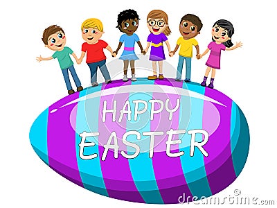 Happy Multicultural kids hand in hand big egg easter isolated Vector Illustration