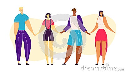 Happy Multicultural People Holding Hands Together. Happiness, Friendship, Togetherness Concept Vector Illustration