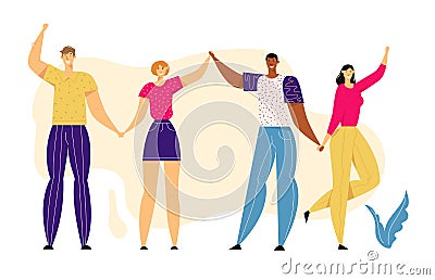 Happy Multicultural People Holding Hands Together. Happiness, Friendship, Togetherness Concept Vector Illustration