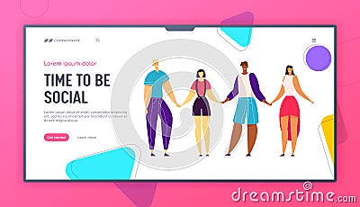 Happy Multicultural People Holding Hands Together Landing Page. Happiness, Friendship, Togetherness Concept Vector Illustration