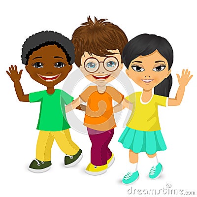 Happy multiracial children walking together Vector Illustration