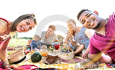 Happy multiracial families taking selfie at pic nic garden party - Multicultural joy and love concept with mixed race people Stock Photo