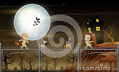 Happy mummies cartoons celebrate a halloween party Vector Illustration