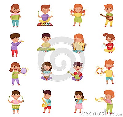 Happy Musical Children Character Playing Different Instruments Big Vector Set Vector Illustration