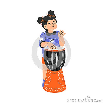 Happy Musical Girl Character Standing and Playing Drum Vector Illustration Vector Illustration