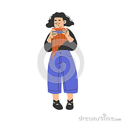 Happy Musical Girl Character Standing and Playing Panpipe Vector Illustration Vector Illustration