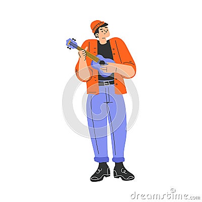 Happy Musical Man Character Standing and Playing Ukulele Vector Illustration Vector Illustration