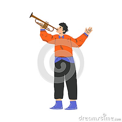 Happy Musical Teen Boy Character Standing and Playing Trumpet Vector Illustration Vector Illustration