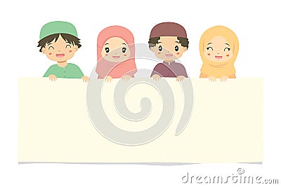 Muslim Children Holding an Empty Banner Vector Vector Illustration