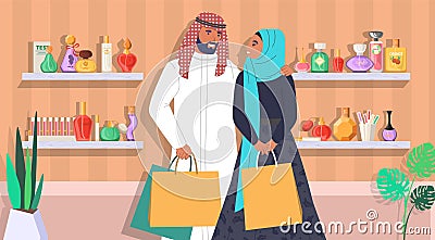 Muslim family couple in perfume store, flat vector illustration. Saudi arab man and woman with shopping bags. Perfumery. Vector Illustration
