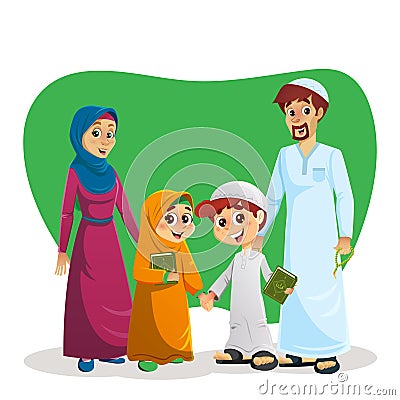 Happy Muslim Family with Kids Vector Illustration