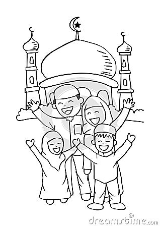 Happy Muslim family at the mosque Vector Illustration
