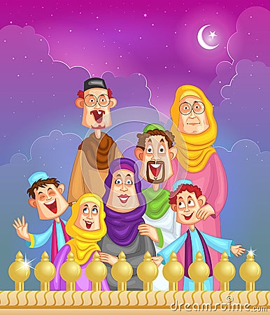 Happy muslim family wishing Eid mubara Vector Illustration